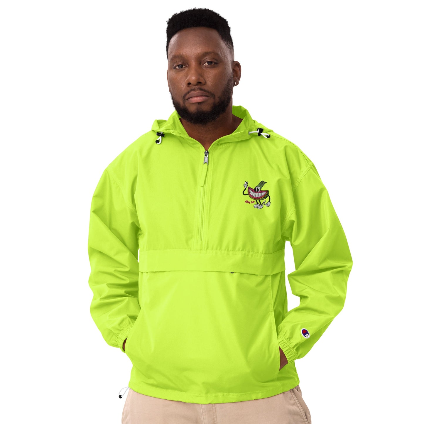 Man wearing safety green jacket cannabis apparel, Windproof Jacket Women's, Munchy Merchy