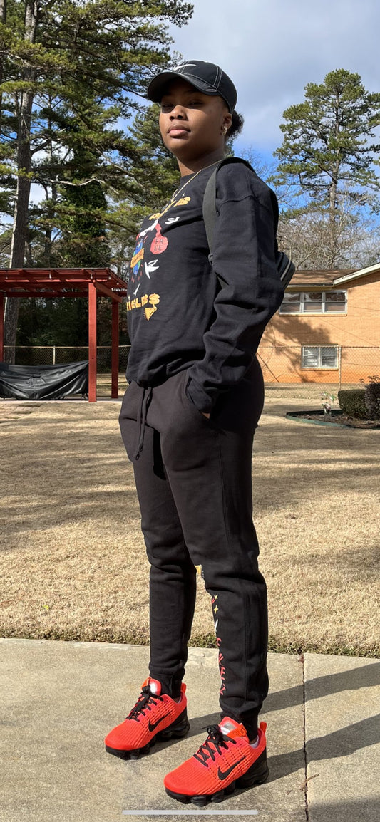 Black comfy sweat pants front design - Comfy Sweat Pants | Live Free Sweatpants | Munchy Merchy