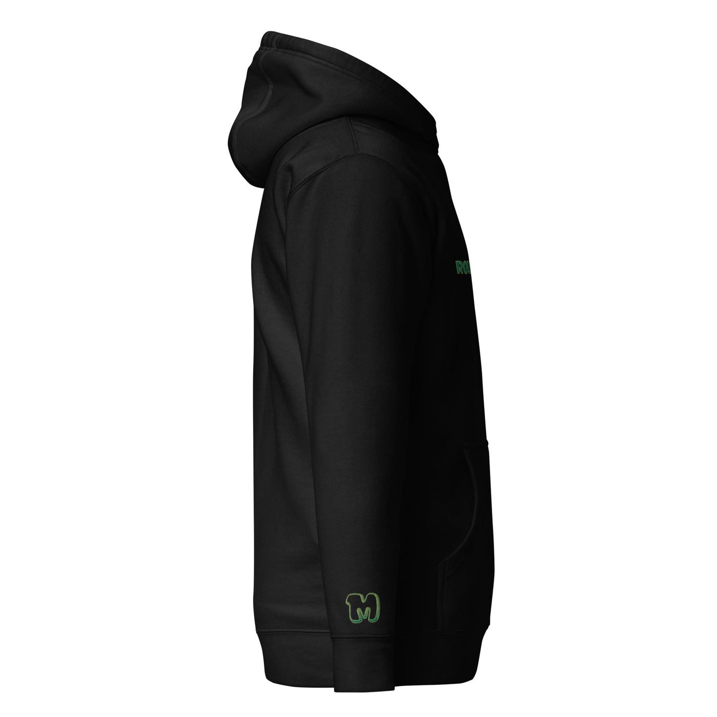 Black cannabis kangaroo pockets hoodie - right sleeve | Munchy Merchy