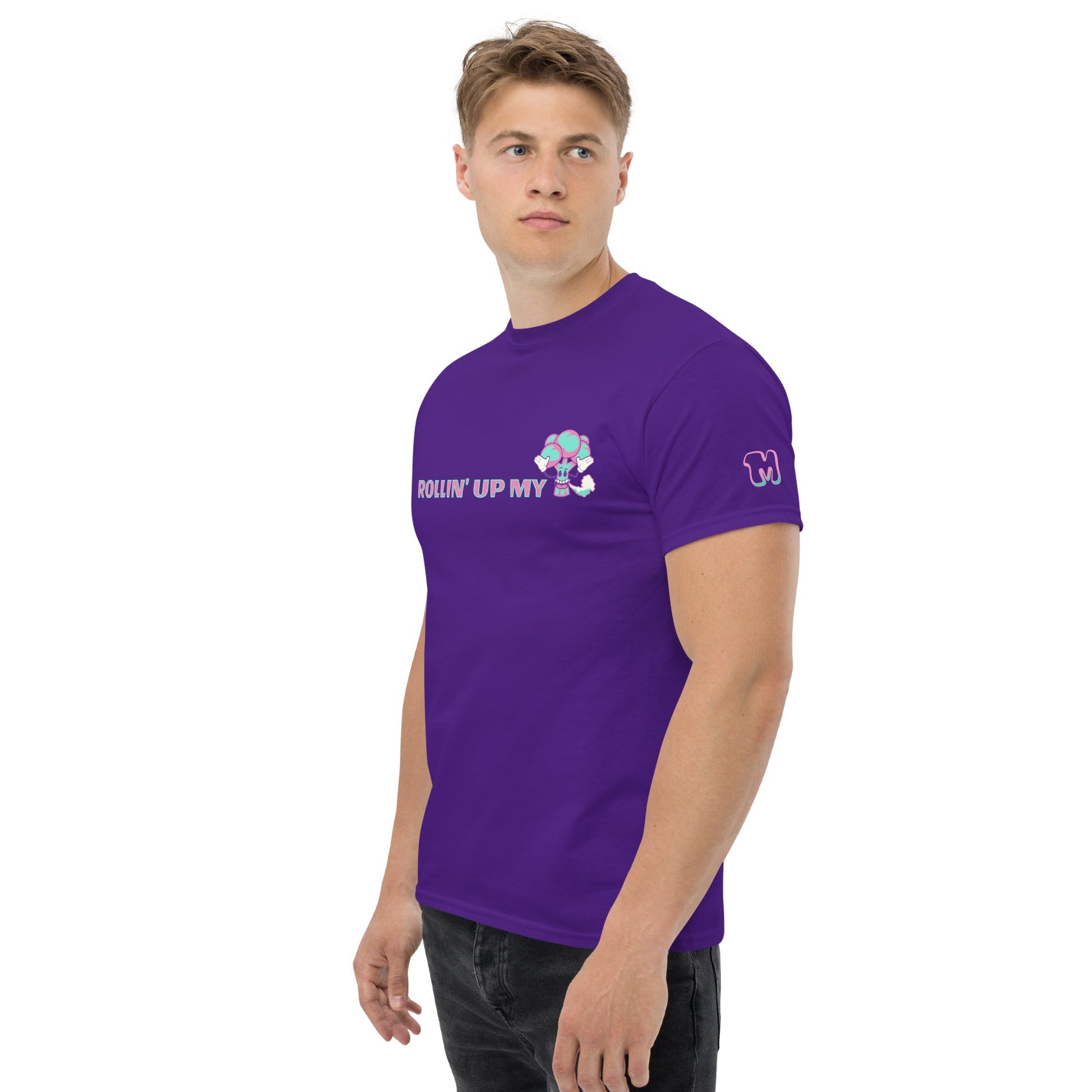 Man wearing purple broccoli stoner fashion short Sleeve Crew Neck T Shirt, Munch Merchy