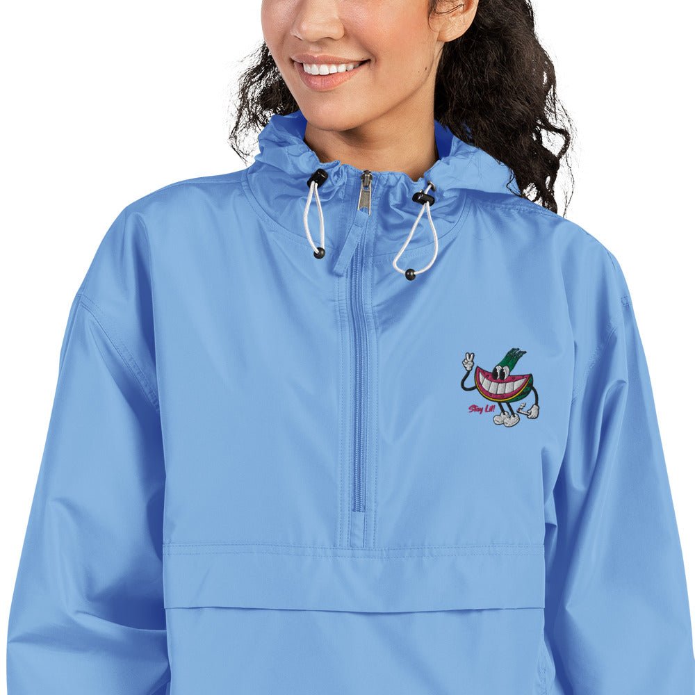 Woman wearing light blue jacket cannabis apparel, Windproof Jacket Women's, Munchy Merchy