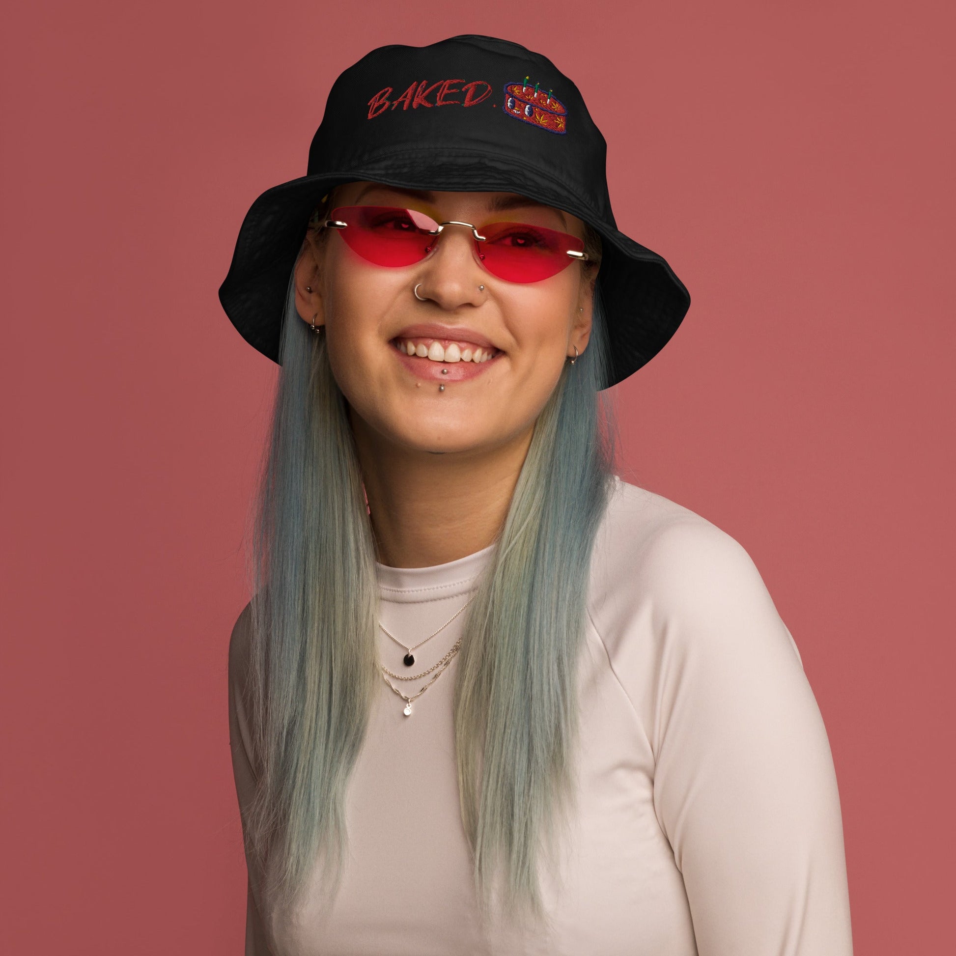 Woman in glasses wearing black cannabis bucket hat | Munchy Merchy