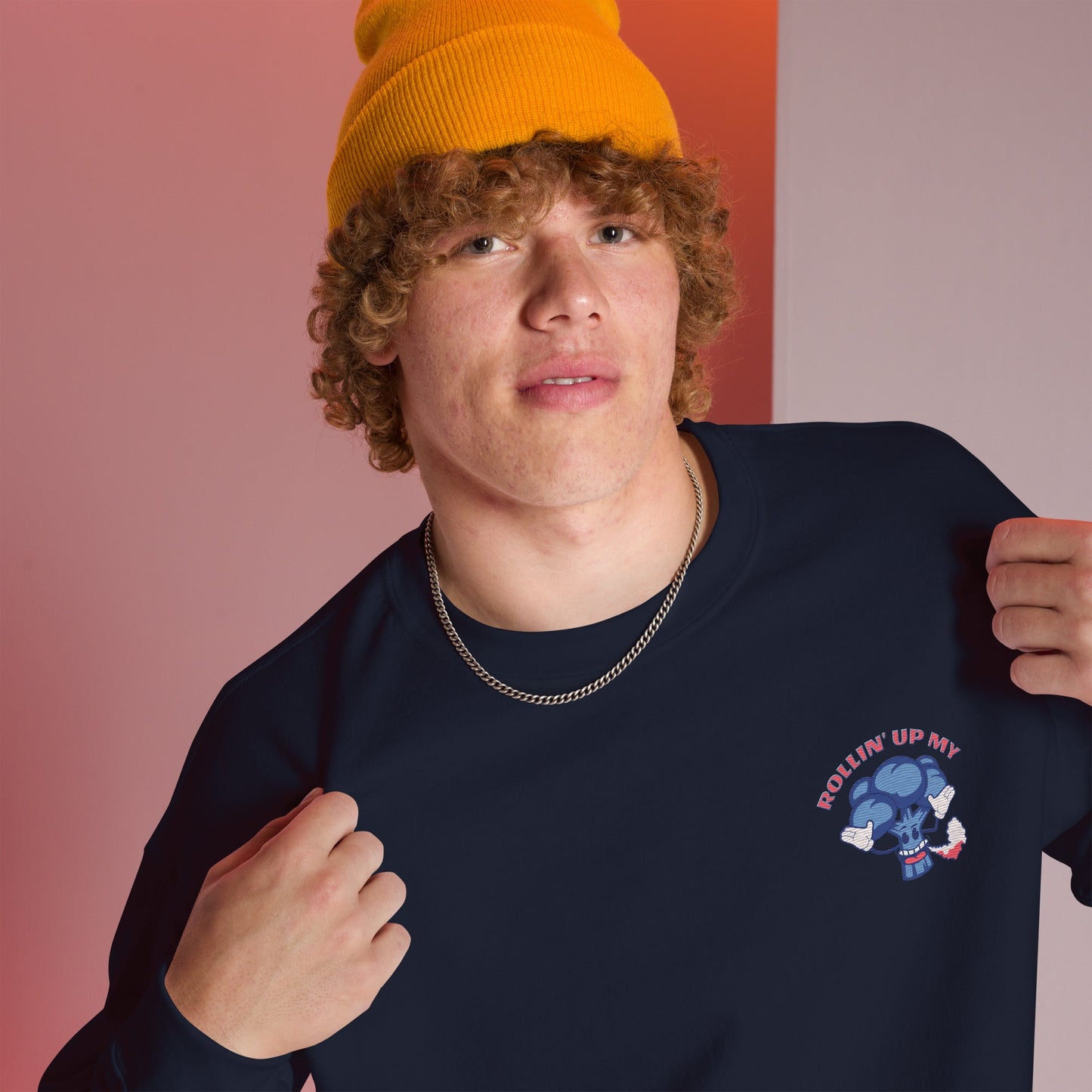 Man wearing navy THC Unisex Embroidered Sweatshirt | Munchy Merchy