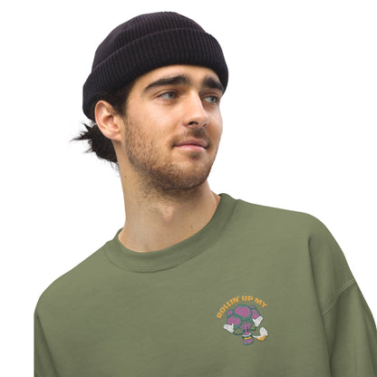 Man wearing grey THC Unisex Embroidered Sweatshirt | Munchy Merchy