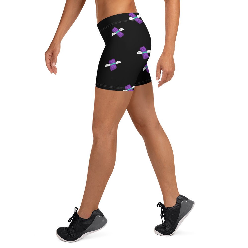 Woman wearing cannabis apparel shorts left side, Lightweight Shorts Womens, Munchy Merchy