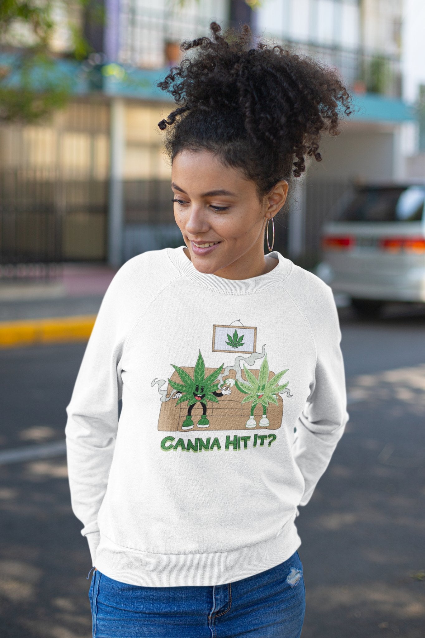 Woman wearing white Stylish Unisex Crewneck Sweatshirt | Canna Hit It? | Munchy Merchy