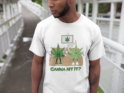 Man wearing white T Shirt With Weed | Canna Hit It? T-Shirt | Munchy Merchy