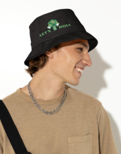 Man wearing black organic bucket hat stoner fashion, Cool Bucket Hat, Munchy Merchy