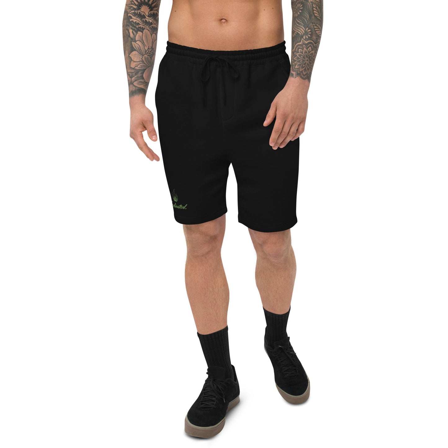 Man wearing black cannabis apparel shorts front, Cotton Shorts With Pockets, Munchy Merchy