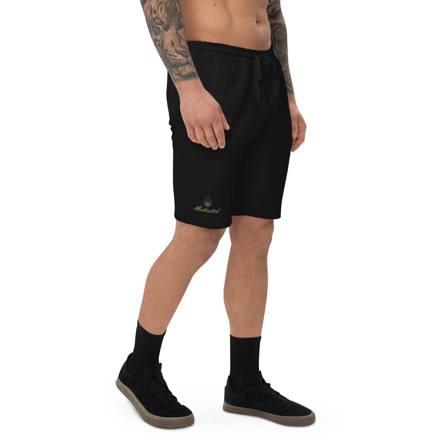 Man wearing black cannabis apparel shorts, Cotton Shorts With Pockets, Munchy Merchy