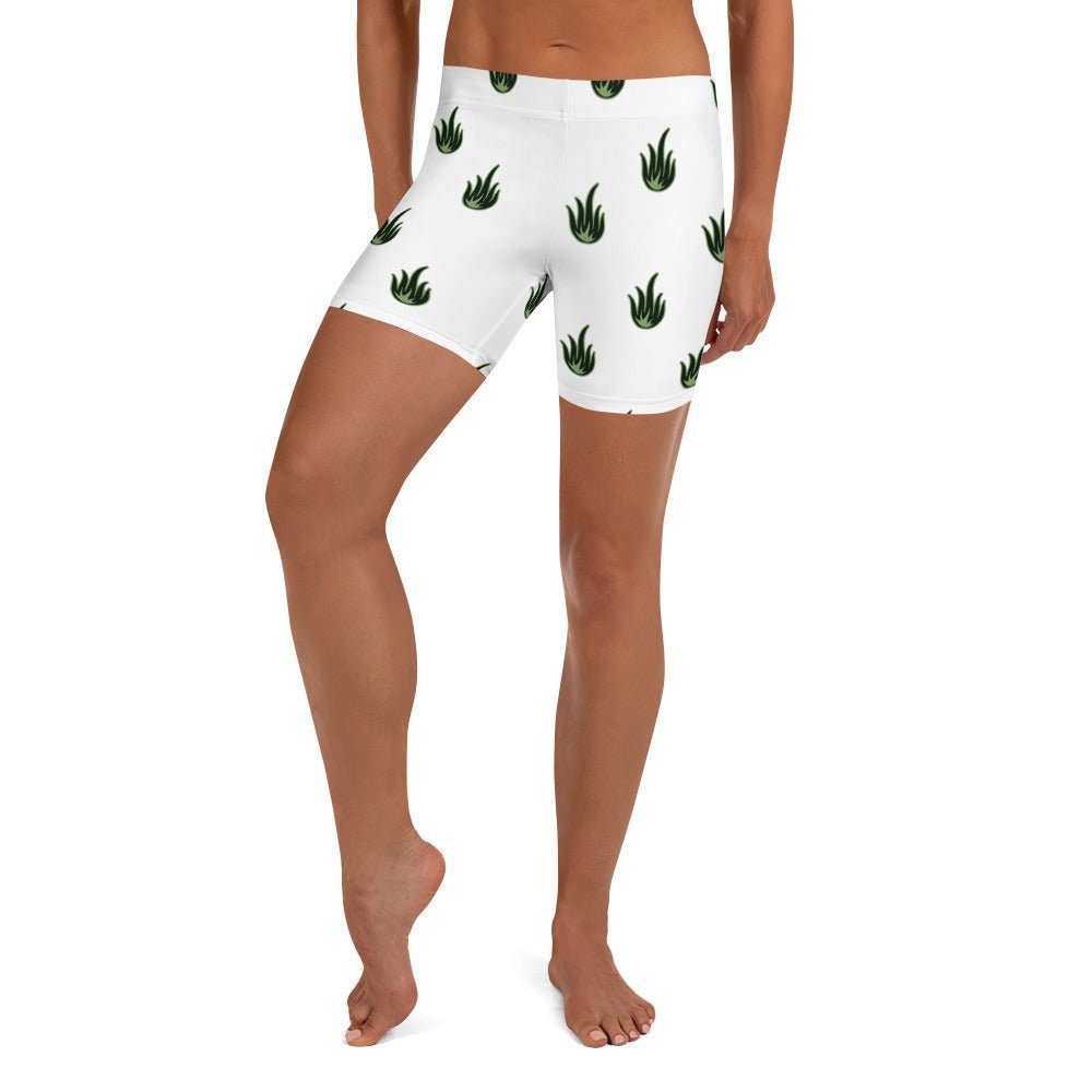 Women wearing white cannabis apparel shorts, Women's Tight Shorts For Gym, Munchy Merchy