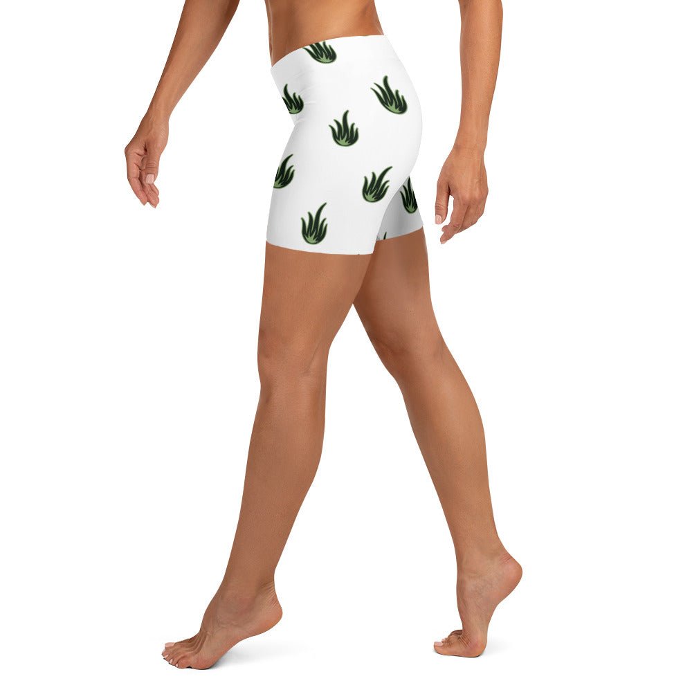 Women wearing white cannabis apparel shorts left view, Women's Tight Shorts For Gym, Munchy Merchy