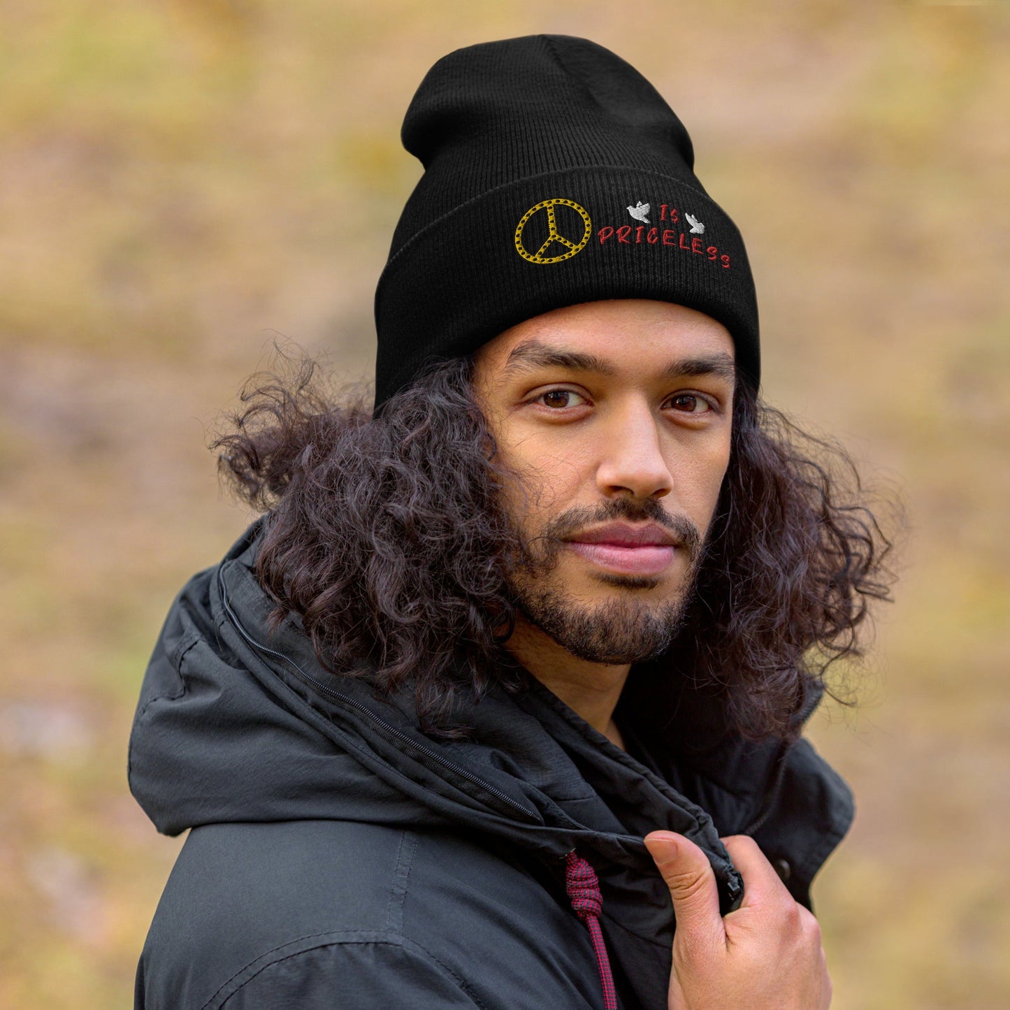 Man wearing black beanie with embroidery cuff, Beanie For Men & Women, Munchy Merchy