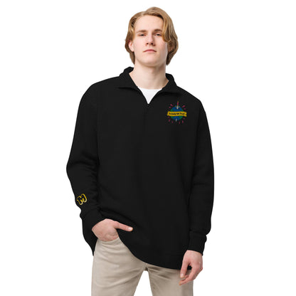 Man wearing black men's fleece pullover cannabis apparel, Munchy Merchy