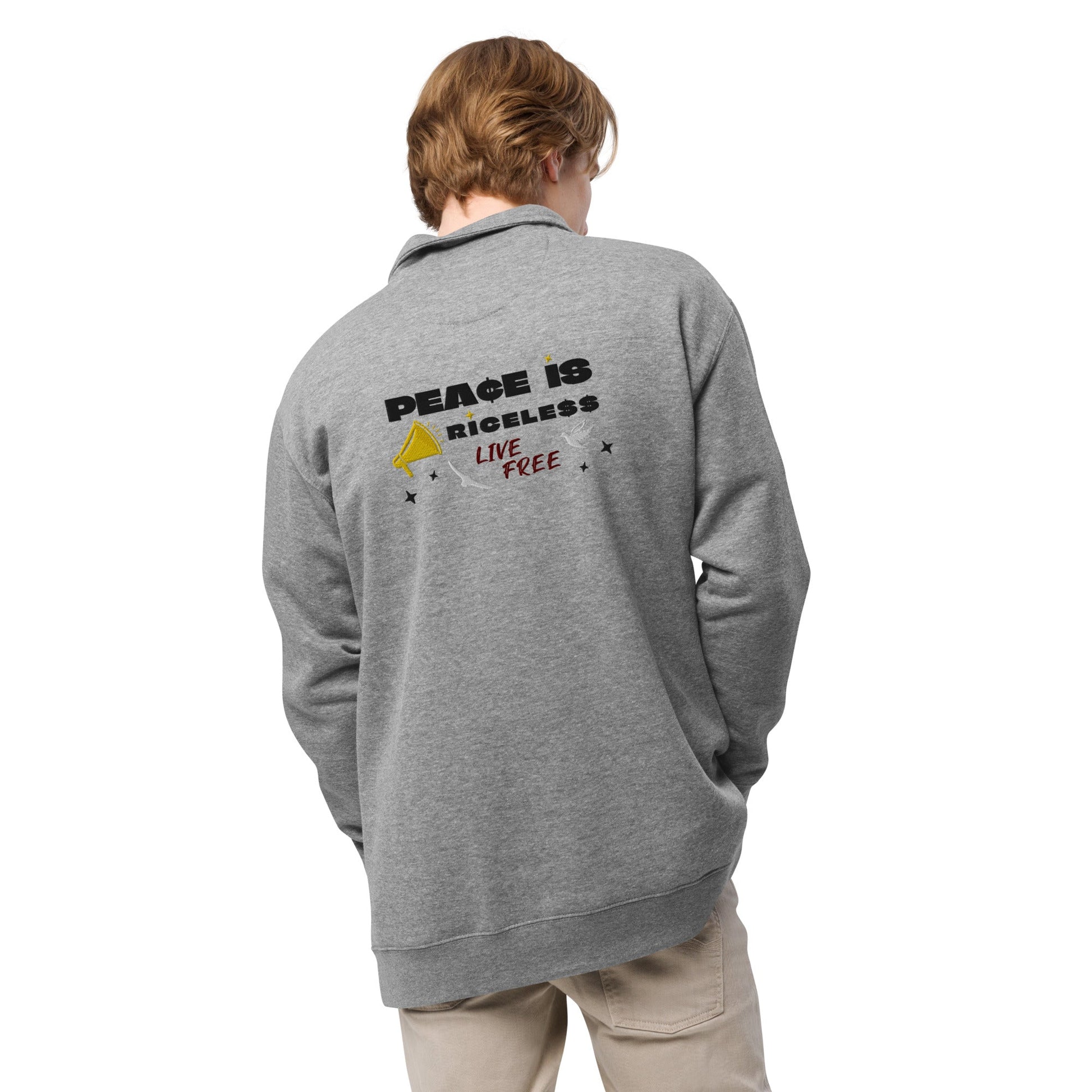 Man wearing grey men's fleece pullover - back, Munchy Merchy