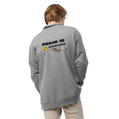 Man wearing grey men's fleece pullover - back, Munchy Merchy