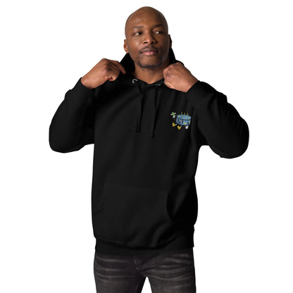 Man wearing black embroidery Pullover Hoodie, Munchy Merchy