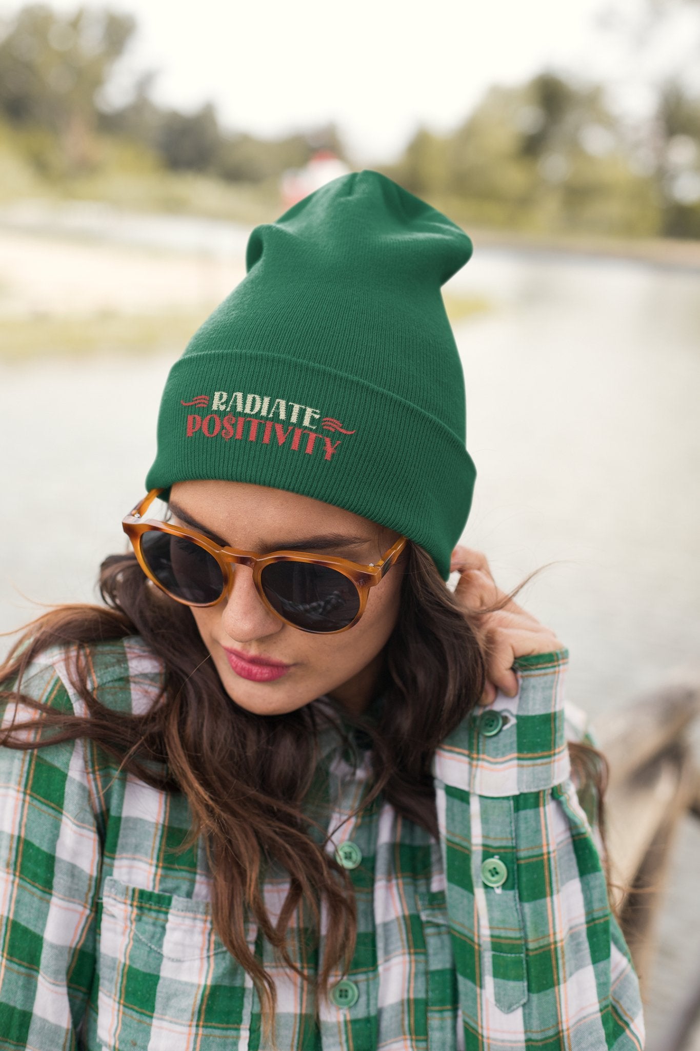 Woman wearing green beanie with white red embroidery cuff, Knit Cuffed Beanie, Munchy Merchy