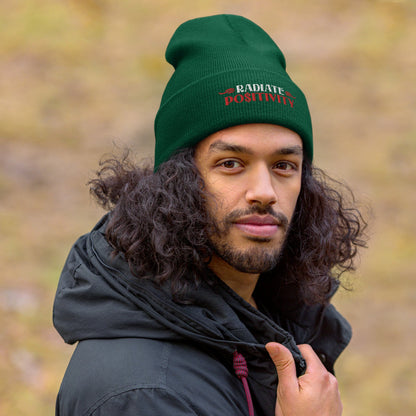 Man wearing green beanie with white red embroidery cuff, Knit Cuffed Beanie, Munchy Merchy