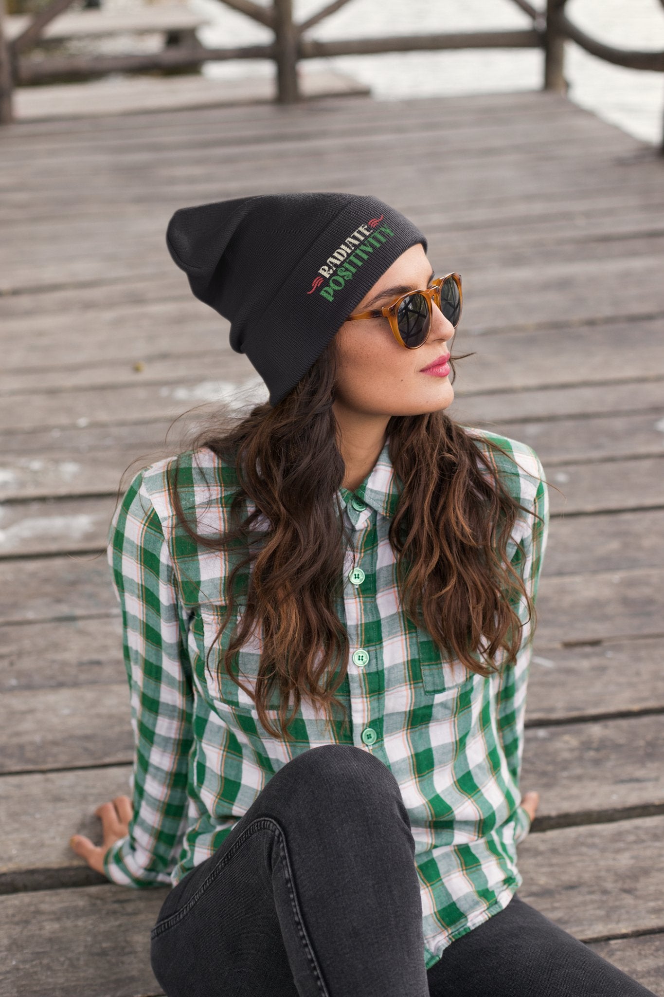 Woman wearing black beanie with white red embroidery cuff, Knit Cuffed Beanie, Munchy Merchy